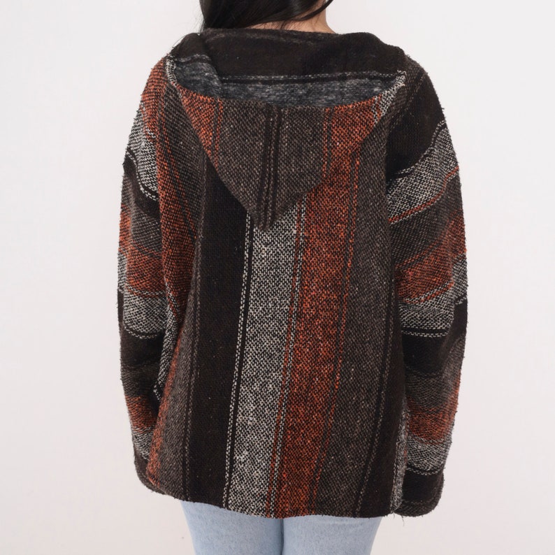 Baja Hoodie 90s Mexican Black Grey Orange Striped Drug Rug Sweatshirt Hippie Sweater Hooded Blanket Bohemian Kangaroo Pocket 1990s Large L image 6