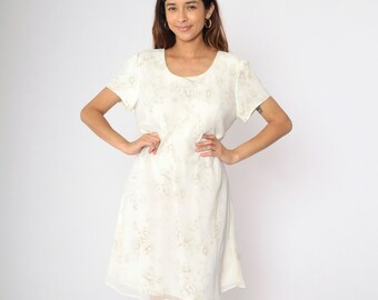 Gasa Floral Mini Vestido 90s Grunge Scoop Cuello Vestido En Capas Crema Blanco 1990 Vintage Shift Manga Corta Retro Verano MiniDress Grande 14