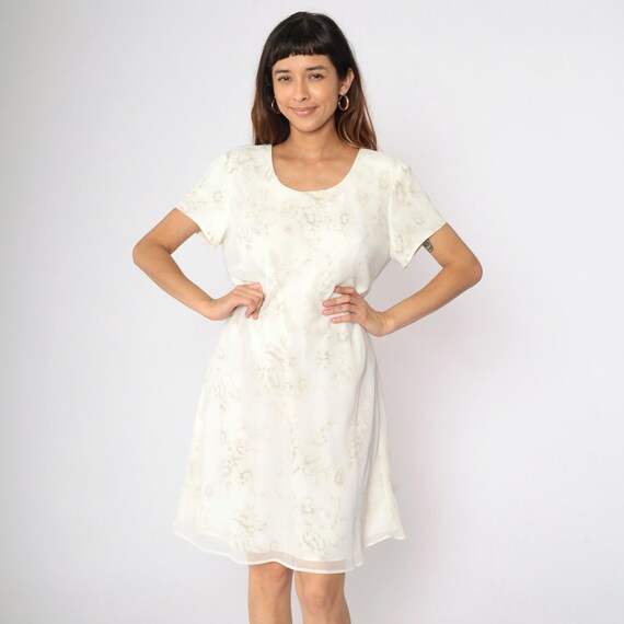 Chiffon Floral Mini Dress 90s Grunge Scoop Neck Dress Layered Cream White 1990s Vintage Shift Short Sleeve Retro Summer MiniDress Large 14