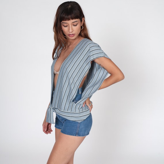 70s Boho Vest Grey Striped Top Deep V Neck Cap Sleeve Sweater Knit Hippie Vintage Open Front Tie Waist Bohemian Plunge Neckline Large xl