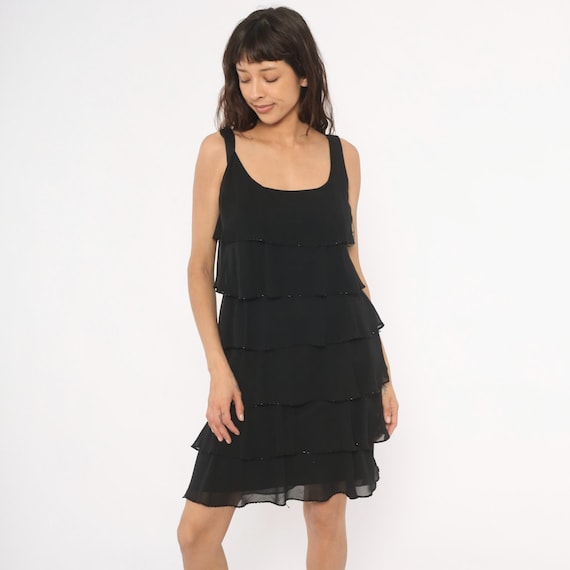 Tiered Ruffle Mini Dress 90s Black Chiffon Beaded Trim Sleeveless Flapper Style Layered Cocktail Party Evening Going Out date Night Medium M
