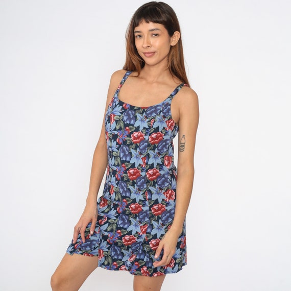Summer Romper Dress 90s Tropical Floral Playsuit Blue Romper Boho One Piece Woman Sleeveless Tank Spaghetti Strap Princess Seam Medium