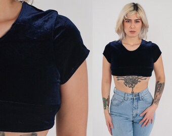 Velvet Crop Top Y2K Navy Blue Cropped Shirt Short Sleeve Blouse Simple Sexy Party Rave Going Out Festival Stretchy Vintage 00s Small XS S