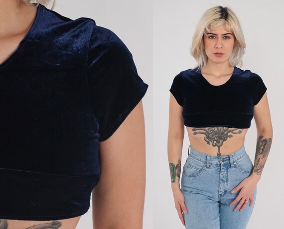 Velvet Crop Top Y2K Navy Blue Cropped Shirt Short Sleeve Blouse Simple Sexy Party Rave Going Out Festival Stretchy Vintage 00s Small XS S