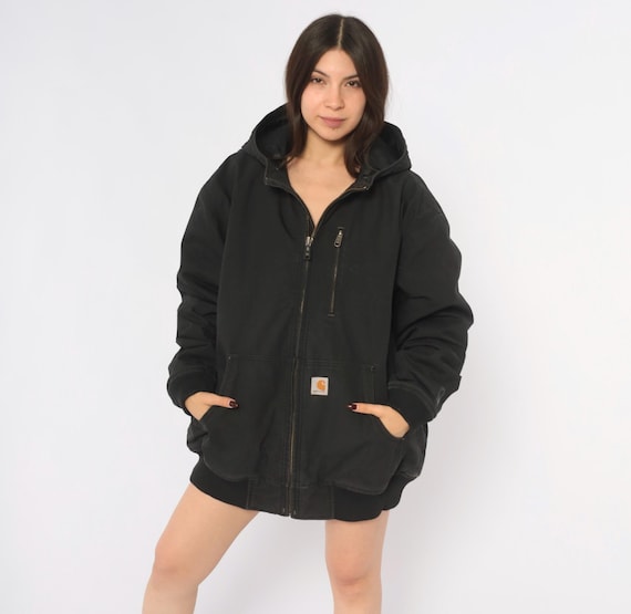 Carhartt Hooded Jacket Y2K Black Cotton Canvas Zip Front Work Chore Coat Boxy Loose Fit Utility Workwear Bomber Unisex Mens Extra Large XL