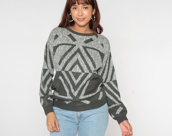 Vintage Grey Geometric Contrast Sweater 80s Chevron Pullover Knit Sweater Abstract Color Block Crewneck Jumper Grunge Retro 1980s Small S