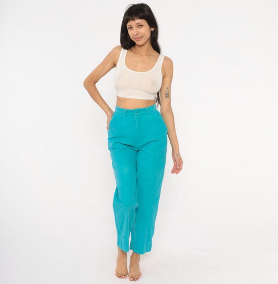 Teal Corduroy Trousers 80s High Waisted Pants Turquoise Straight Leg Aqua Blue Cotton Tapered Slacks Flat Front Vintage Extra Small XS