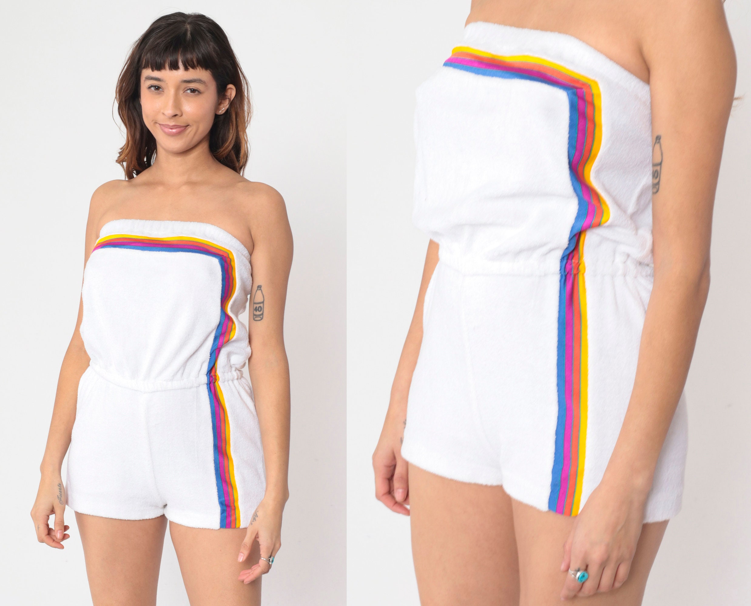 Terry Cloth Romper 70s 80s Rainbow Striped Strapless Playsuit White Romper Shorts Summer High Waisted One Piece Vintage 1970s Small xs