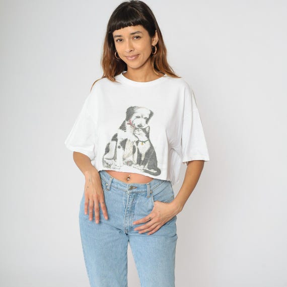 Vintage Cat & Dog T Shirt Animal Crop Top 90s Graphic TShirt White Retro Tee Cutoff Tee 1990s Retro Puppy Kitten Large L