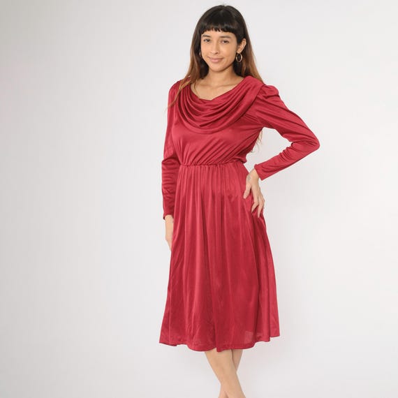 Vintage 80s Red Disco Dress Draped Cowl Neck Long Sleeve Midi Fit and Flare 1980s Raspberry Evening Party High Waist Boho Small Medium