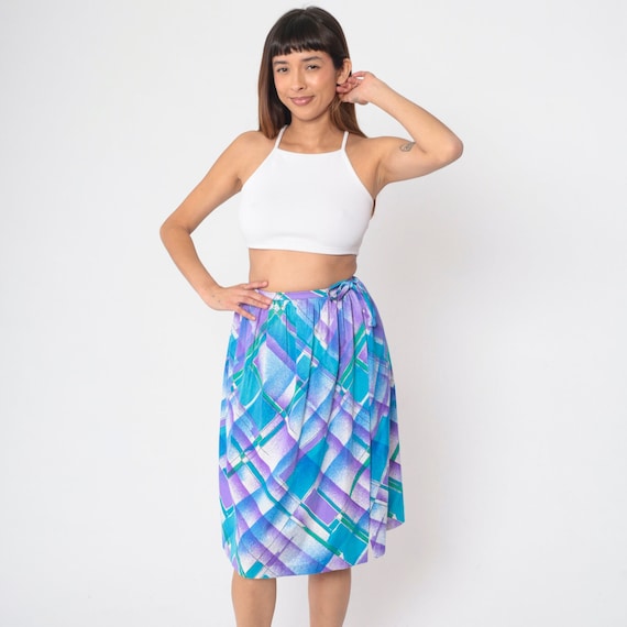 Checkered Skirt 80s Knee Length Summer Skirt Blue Purple White Plaid Print Boho Hippie High Waisted Tie Belted Side Slit Vintage 1980s Small