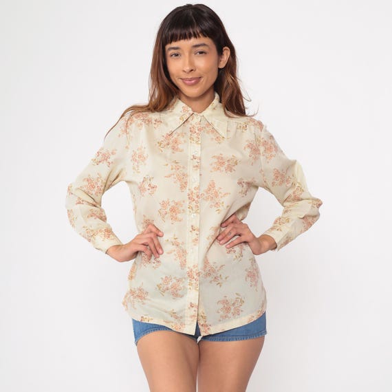 Floral Button Up Shirt 70s Vintage Cream Peach Blossoms Pattern Pointed Collar Long Sleeve Cottage Core Prairie Romantic Medium M