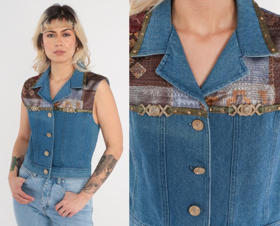 Cropped Denim Vest 90s Southwestern Tapestry Button up Blue Jean Shirt Studded Gold XOX Lion Sleeveless Jacket Crop Top Vintage 1990s Small