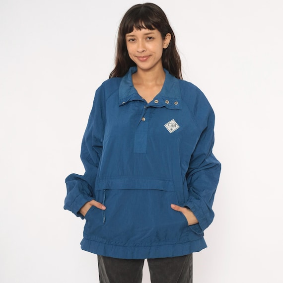Blue Pullover Windbreaker 90s Snap Button Collar Jacket Cobalt Streetwear Hiking Outdoor Campi Winter Fall Vintage Coat Extra Large XL
