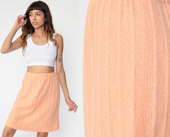 Knit Mini Skirt 70s Peach Ribbed Skirt High Waisted Plain Semi-Sheer A-line Retro Orange Skirt 1970s Vintage Miniskirt Small s