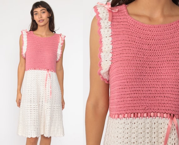 Crochet Knit Dress 70s Pink White Midi Dress Sweater Dress Boho CUTOUT Cap Sleeve Ribbon Bow 80s Bohemian Vintage Cut Out Small Medium