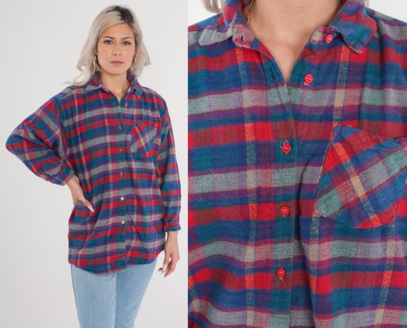 90s Plaid Shirt Red Blue Button Up Flannel Shirt Retro Long Sleeve Boyfriend Grey Checkered Top Cotton Vintage 1990s Medium