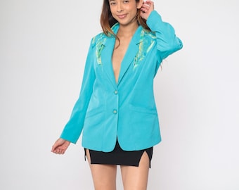 Veste blazer turquoise des années 90 veste imprimé géométrique des années 1990 bleu col en V Boho du sud-ouest de la veste hippie boutonné vintage surdimensionné petit 6