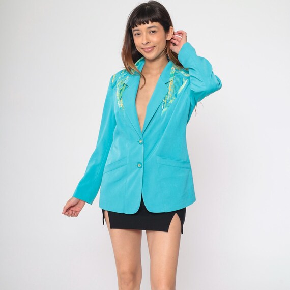 90s Turquoise Blazer Jacket Geometric Print Jacket 1990s Blue V Neck Southwestern Bohemian Hippie Jacket Button Up Vintage Oversized Small 6