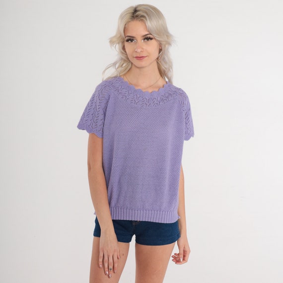 Purple Sweater Top 80s Pointelle Knit Shirt Cutout Short Sleeve Blouse Scalloped Spring Boho Open Weave Cut Out Acrylic Vintage 1980s Medium