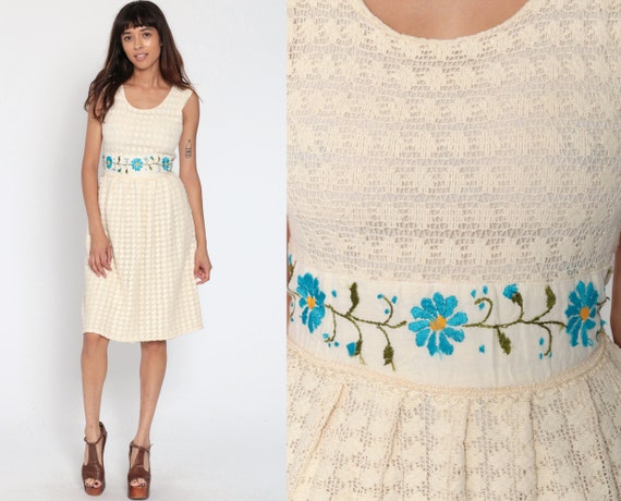 Crochet Mexican Dress Boho Cream Cotton Lace Mini Tent Festival Hippie Bohemian Sheath High Waist Sleeveless Extra Small xs
