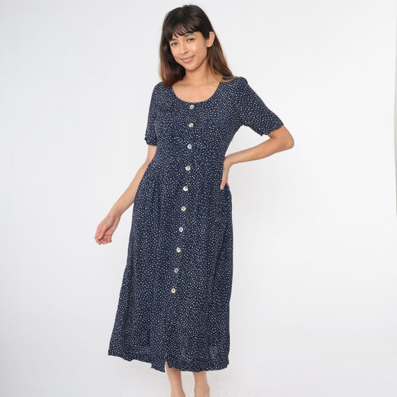 90s Polka Dot Midi Dress Vintage Navy Blue Button Up Dress Retro Preppy High Waisted A Line Short Sleeve Secretary Day Boho 1990s Medium 8