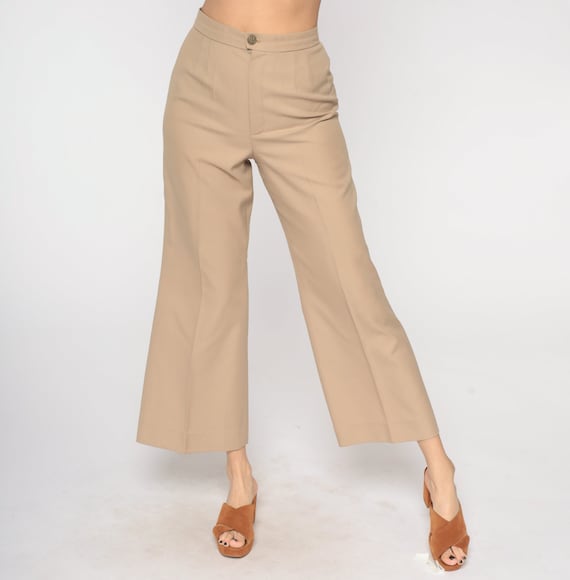70s Trousers Tan Bell Bottom Pants Boho Hippie High Waisted Flared Wide Leg Retro Basic Seventies Flares Creased Vintage 1970s Small S 28