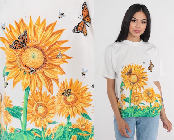 Gardening T-Shirt 90s Sunflower Butterfly Bumblebee Shirt Floral Bee Flower Graphic Tee Front Back Print Tshirt Hippie Vintage 1990s Large