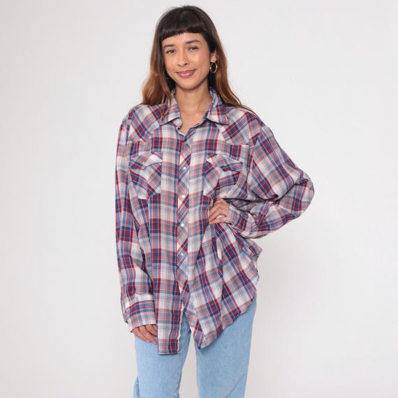 Vintage Plaid Western Shirt 80s Thin Red Blue Pearl Snap Button Up Rodeo Shirt 1980s Long Sleeve Cowboy Western Youngbloods Men's 2x xxl