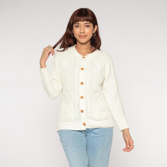 Cable Knit Cardigan 70s Cream Ivory Fisherman Button Up Wood Buttons Pockets Knitivo Acrylic Knit Chunky Cottagecore Winter Vintage Medium M