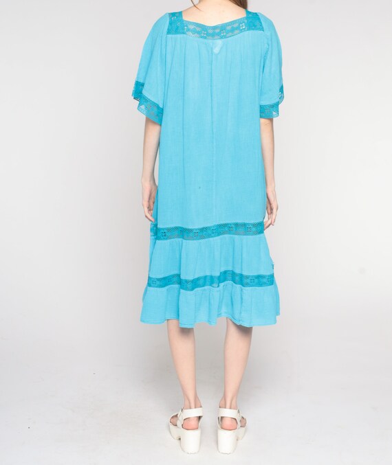Blue Cotton Dress 80s Midi Dress Boho Crochet Tri… - image 6