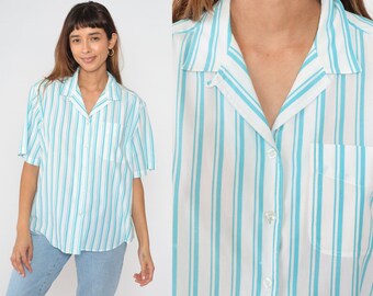 Blue Striped Blouse 90s Button up Shirt White Vertical Stripes Collared Top Retro Preppy Short Sleeve Casual Summer Vintage 1990s Large L