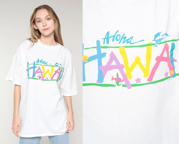 Hawaii T-Shirt 90s Aloha TShirt Tropical Fish Dolphins Stars Graphic Tee Retro Travel Tourist Single Stitch White Vintage 1990s Miller XL