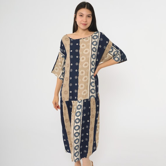 Grunge Midi Dress 90s Geometric Print Dress Dark Blue Tan Drop Waist Short Sleeve Vintage Midi Short Sleeve Summer 1990s Extra Large xl