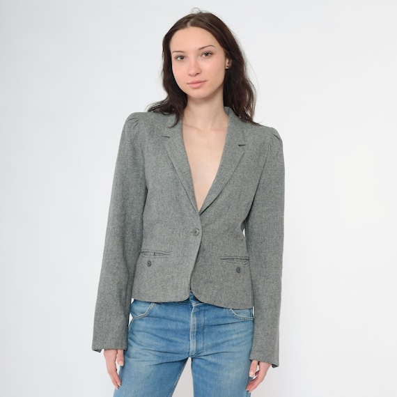 Vintage Grey Blazer Jacket 80s Puff Sleeve Button Up Jacket Wool Blend Fitted Business Office Wear Retro Secretary Plain 1980s Small S