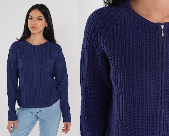 Purple Cardigan y2k Knit Zip Up Sweater Merino Wool Raglan Sleeve Sweater Ribbed Retro Basic Plan Simple Casual Knitwear Vintage 00s Small S
