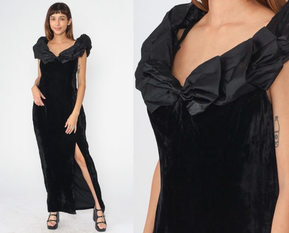 Black Velvet Dress 90s Party Maxi Dress Bow High Front Slit Long Goth Sleeveless Cocktail Gown Evening Ruffled Vintage 1990s Large 12