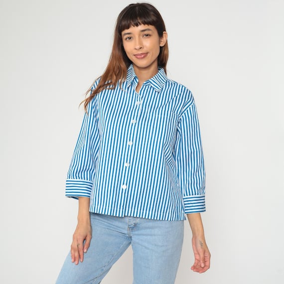 Blue Striped Blouse White Cotton Y2K Collared Shirt Vintage Preppy Office Work Top Cropped Style Yacht Lounge Wear Nautical Summer Large L