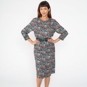 80s Floral Dress Sheath Midi Dress Button Up Back Garden Party Bright Black Long Sleeve Dress Knee Length Vintage Rayon Belted 1980s Small S