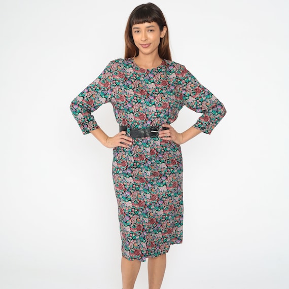 80s Floral Dress Sheath Midi Dress Button Up Back Garden Party Bright Black Long Sleeve Dress Knee Length Vintage Rayon Belted 1980s Small S