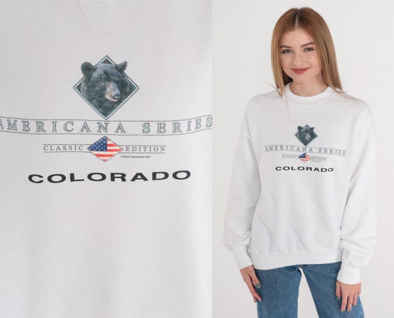 Colorado Sweatshirt y2k White Sweatshirt Bear Graphic Shirt Americana Series Logo Retro Crewneck Pullover Sweater USA Vintage 00s Medium M