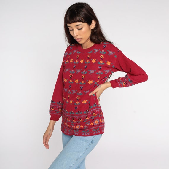 Paisley Floral Sweater 80s Red Sweater Graphic Pr… - image 3