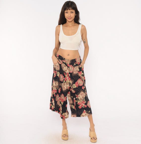 90s Victorian Photo Print Culottes Black Floral Rose Wide Leg Cropped Pants Romantic Gaucho Palazzo Trousers Summer Vintage Women Large L