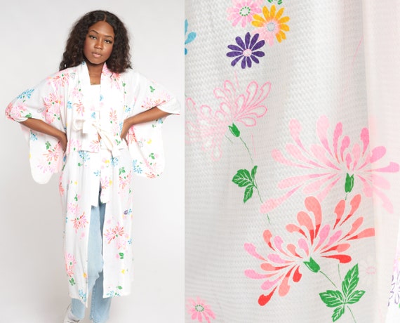 Floral Kimono 90s Semi-Sheer White Robe Jacket Bohemian Tie Front Flower Print Hippie Japanese House Coat Vintage 1990s Small Medium Large
