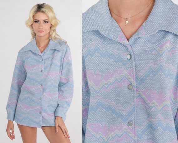 Psychedelic Top 70s Disco Shirt Blue Pink Abstract Print Button Up Blouse Collared Hippie Groovy Long Sleeve Seventies Vintage 1970s Large L
