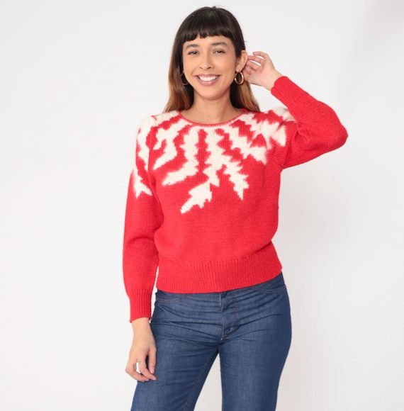 Red Knit Sweater 80s White Snowflake Sweater Puff Shoulder Pearl Embellished Pullover Winter Holiday Jumper Warm Cozy Patterned Top Small S