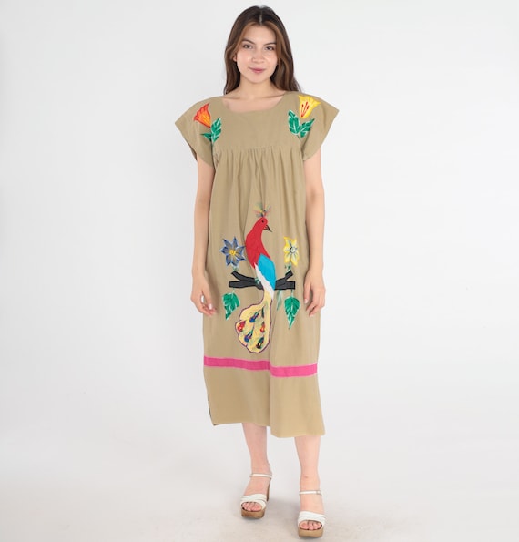80s Caftan Dress Embroidered Peacock Bird Dress Tent Tropical Floral Midi Short Sleeve Boho Festival Hippie Bohemian Kaftan Khaki Medium