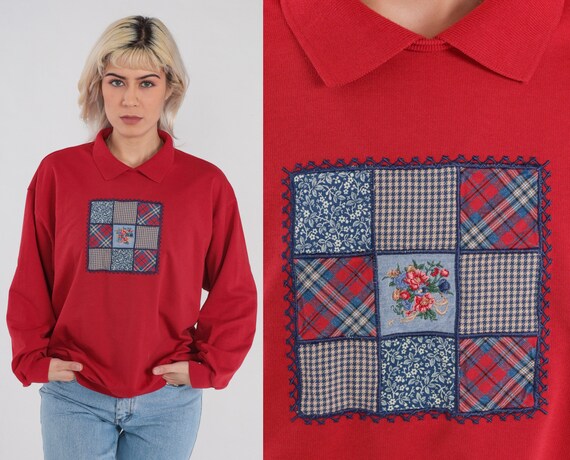 Red Collared Sweatshirt 90s Quilt Sweater Patchwork Floral Graphic Grandma Sweater Retro Slouchy Kawaii Vintage 1990s Jantzen Extra Large xl