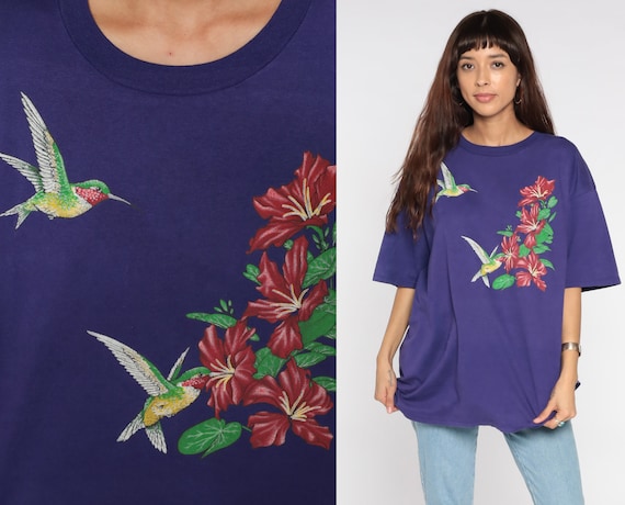 Hummingbird Shirt 90s Bird TShirt Floral Print Short Sleeve Purple Vintage Retro T Shirt 1990s Vintage Canna Flower Extra Extra Large 2XL