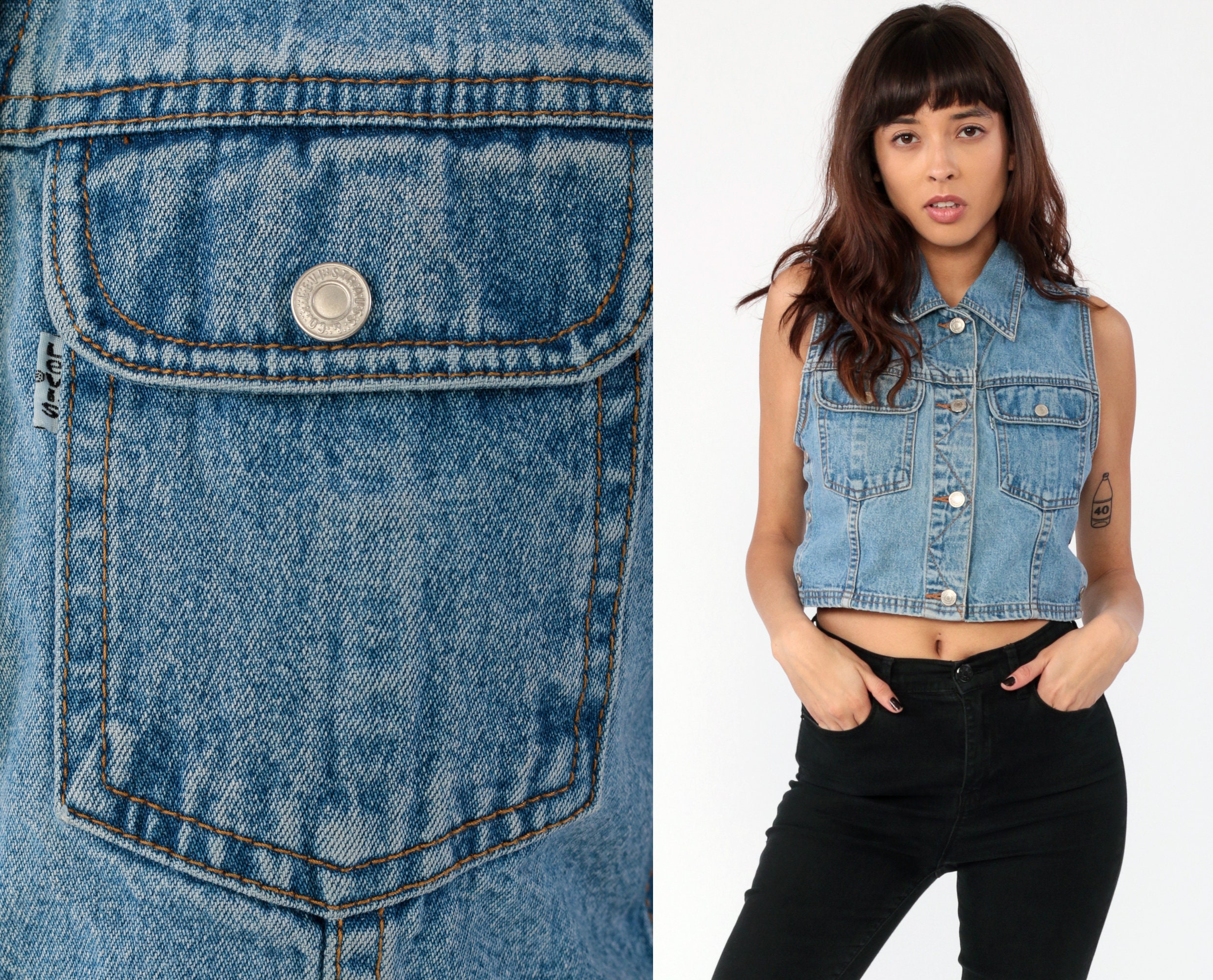 90s Blue Sleeveless Jean Jacket LEVI 